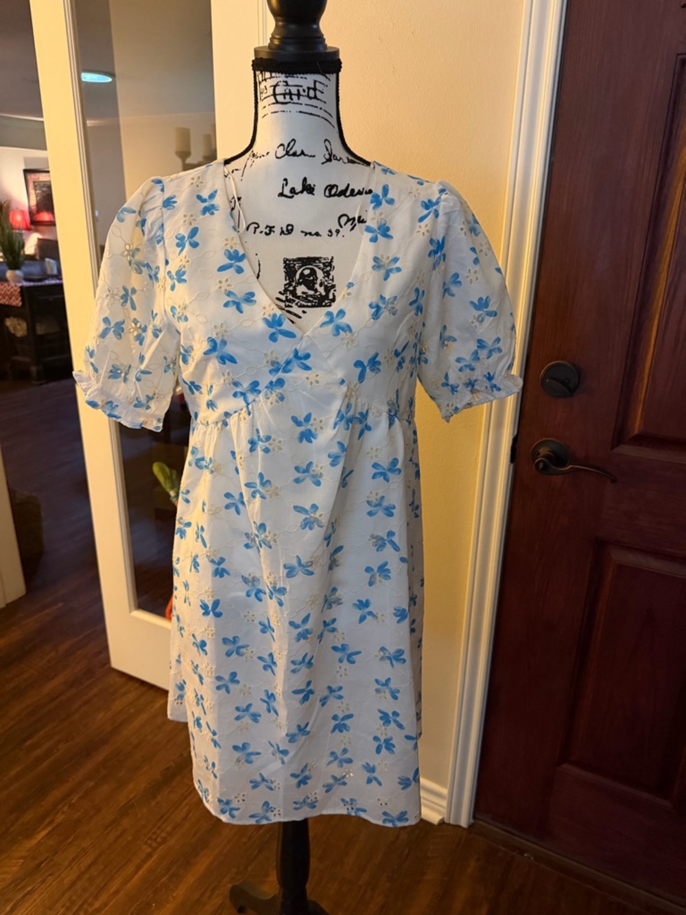 Blue Floral Mini Dress - White & Blue Short Sleeve Summer Dress